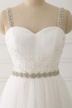 Load image into Gallery viewer, A Line White Spaghetti Straps Tulle Beads Appliques Sweetheart Zipper Prom Dresses RS597