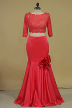 Load image into Gallery viewer, 2024 Two-Piece Bateau Mermaid Prom Dresses Satin With Beads And Handmade Flowers