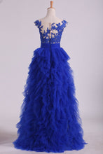 Load image into Gallery viewer, 2024 Dark Royal Blue Bateau A Line Evening Dresses With Applique Tulle