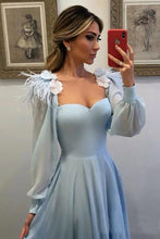 Load image into Gallery viewer, 2023 Sky Blue Long Chiffon Prom Dresses With Sleeves Modest Formal Dress