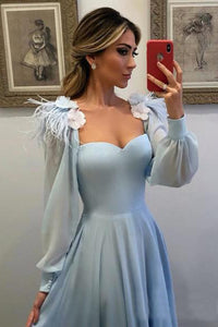 2023 Sky Blue Long Chiffon Prom Dresses With Sleeves Modest Formal Dress