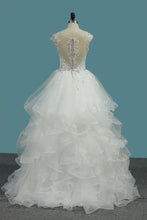 Load image into Gallery viewer, 2024 A Line V Neck Wedding Dresses Tulle With Applique Sweep Train