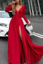 Load image into Gallery viewer, Burgundy Prom Dresses With Slit V Neck Cheap Long Sleeve Prom Dress Evening Dress