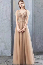 Load image into Gallery viewer, A Line V Neck Tulle Long Prom Dresses, Cheap Evening Dress with SRS20488
