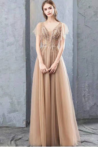 A Line V Neck Tulle Long Prom Dresses, Cheap Evening Dress with SRS20488