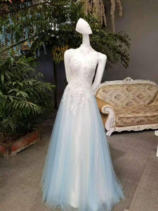 New Arrival A-Line High Neck Tulle Prom Dresses Floor Length Lace SRS12950