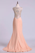 Load image into Gallery viewer, 2024 Prom Dresses Scoop Column Sweep Train Elastic Satin With Beads