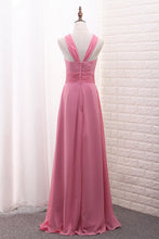 Load image into Gallery viewer, 2023 Scoop A Line Chiffon Bridesmaid Dresses With Ruffles And Slit Floor Length