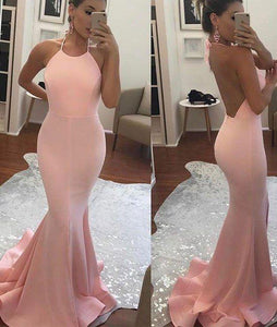 2024 Halter Mermaid Halter Pink Backless Long Sleeveless Floor Length Long Prom Dresses RS766