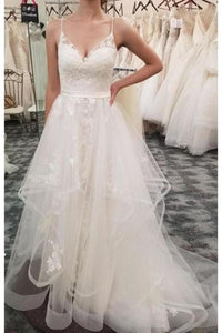 Spaghetti Straps Tulle Beach Wedding Dress With Lace Appliques, Long Bridal Dresses