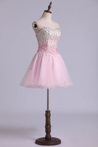 2024 Sweetheart A Line Short/Mini Prom Dress With Full Beaded Bodice Tulle