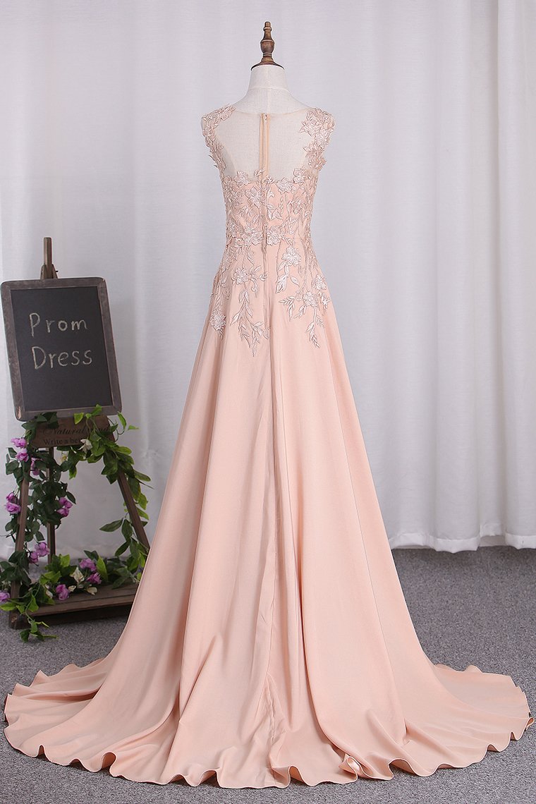 2024 A Line Elastic Satin Straps Prom Dresses With Slit Sweep Train