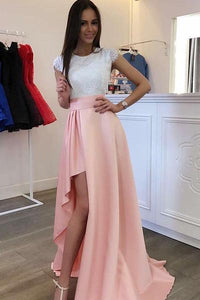 Scoop Sleeves Detachable Train Pearl Pink Satin Evening Dress with Lace Prom Dresses RS383