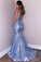 Glitter Spaghetti Straps V Neck Blue Mermaid V Neck Prom Dresses, Party SRS15647