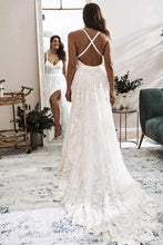 Load image into Gallery viewer, Elegant A Line V Neck Lace Ivory Beach Wedding Dresses with Slit, Bridal Gowns SRS15579