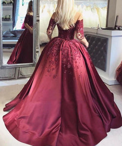 2023 Dark Red Lace Long Sleeve Prom Dress Off-the-Shoulder Ball Gown Quinceanera SRS10076