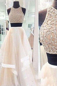 New Style Prom Dresses Sexy Champagne Prom Dress Two Piece High Neck Tulle Party Dresses RS144