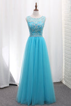 Load image into Gallery viewer, 2023 A Line Tulle Bateau Open Back Beaded Bodice Floor Length Prom Dresses