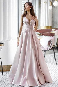 Vintage A Line Pink Satin Long Evening Dresses, Simple Dance Formal Dresses SRS15541