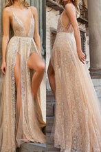 Load image into Gallery viewer, Sexy Lace Spaghetti Straps Backless V Neck Long Prom Dress with High Split SRS15335