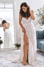Load image into Gallery viewer, Elegant A Line V Neck Lace Ivory Beach Wedding Dresses with Slit, Bridal Gowns SRS15579