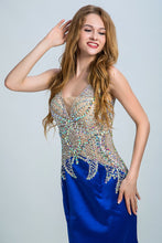 Load image into Gallery viewer, 2024 Dark Royal Blue Two-Tone Mermaid Prom Dresses V-Neck Beaded Bodice Satin &amp; Tulle