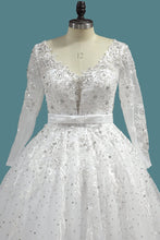 Load image into Gallery viewer, 2024 A Line Long Sleeves Tulle Wedding Dresses With Applique And Sash