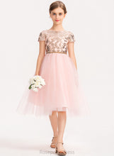 Load image into Gallery viewer, Junior Bridesmaid Dresses Tulle With A-Line Sequins Asymmetrical Elyse Neck Scoop