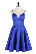 Load image into Gallery viewer, A Line Spaghetti Straps Royal Blue V Neck Backless Satin Knee Length Homecoming Dresses RS838