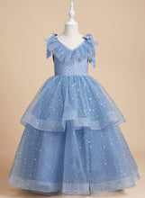 Load image into Gallery viewer, - V-neck Ciara Bow(s) With Girl Flower Dress Flower Girl Dresses Ball-Gown/Princess Satin/Tulle/Sequined Floor-length Sleeveless