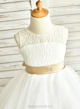 Load image into Gallery viewer, Tea-Length With Junior Bridesmaid Dresses Scoop Sash Paisley Neck Tulle A-Line