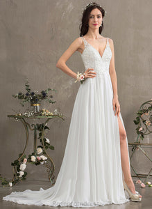 Beading A-Line V-neck Dress Wedding Thalia Sweep Sequins Split Chiffon Lace Wedding Dresses Front With Train