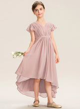Load image into Gallery viewer, Angelica V-neck Asymmetrical Junior Bridesmaid Dresses Bow(s) Chiffon Ruffles A-Line Cascading With