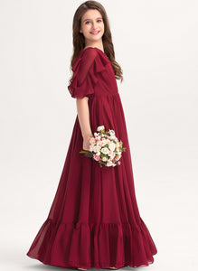 Ruffles A-Line Chiffon Junior Bridesmaid Dresses Floor-Length With Scoop Cascading Tiana Neck