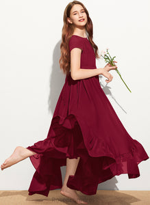 Junior Bridesmaid Dresses Neck Scoop A-Line Chiffon Floor-Length With Cascading Bow(s) Lace Appliques Ruffles Lyric