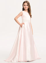 Load image into Gallery viewer, A-Line Lace With Satin Sweep Esther Pockets Bow(s) Train Junior Bridesmaid Dresses Neck Scoop