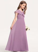 Load image into Gallery viewer, With Junior Bridesmaid Dresses A-Line Ruffles Floor-Length Bow(s) Cascading Chiffon Cloe V-neck