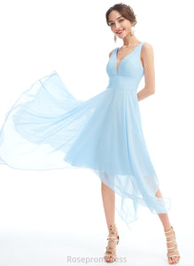 V-neck Asymmetrical Length Fabric Neckline A-Line Silhouette Embellishment Ruffle Mary Natural Waist A-Line/Princess Bridesmaid Dresses