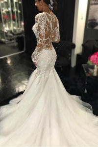 Long Sleeves Court Train Ivory V-Neck Mermaid Tulle Wedding Dress With Lace Appliques RS64
