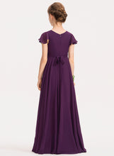 Load image into Gallery viewer, Ruffles With Floor-Length Chiffon Cascading Alia A-Line Junior Bridesmaid Dresses V-neck Bow(s)