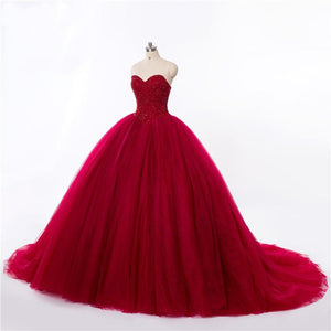 New Style Red Tulle Lace up Sweetheart Strapless Beads Ball Gown Prom Quinceanera Dress RS512