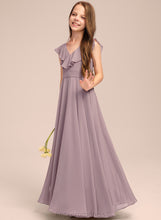 Load image into Gallery viewer, Cascading A-Line Chiffon V-neck Junior Bridesmaid Dresses Muriel Ruffles With Floor-Length