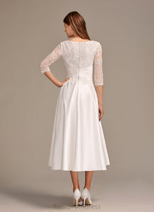 A-Line Dress Scoop Wedding Dresses Lace Dayanara Wedding Tea-Length Satin