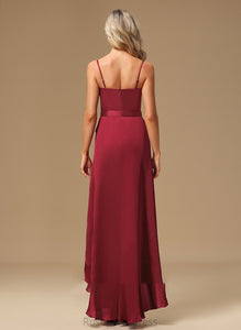 SplitFront A-Line Asymmetrical Neckline V-neck Silhouette Length Embellishment Fabric Kaley Natural Waist Spandex Bridesmaid Dresses