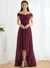 Load image into Gallery viewer, Fabric A-Line Asymmetrical Lace Embellishment Off-the-Shoulder Neckline Silhouette Length Haley Spaghetti Staps Floor Length Bridesmaid Dresses