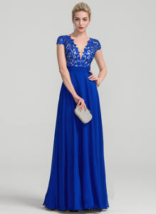 A-Line Lorna Ruffle With Floor-Length Chiffon V-neck Lace Prom Dresses