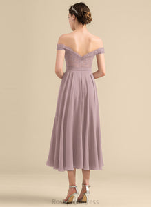 Length Off-the-Shoulder Beading Embellishment Fabric A-Line Sequins Tea-Length Silhouette Neckline Sahna A-Line/Princess Bridesmaid Dresses