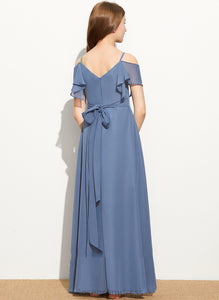 Junior Bridesmaid Dresses A-Line With Aryana Bow(s) Ruffle Floor-Length Off-the-Shoulder Chiffon