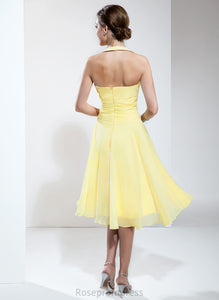 Knee-Length Fabric Neckline Embellishment A-Line Silhouette Ruffle Bow(s) Halter Length Virginia V-Neck Bridesmaid Dresses