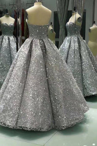 Sweetheart Gray Sleeveless Long Sequins Strapless Ball Gown Shiny Winter Prom Dresses RS575